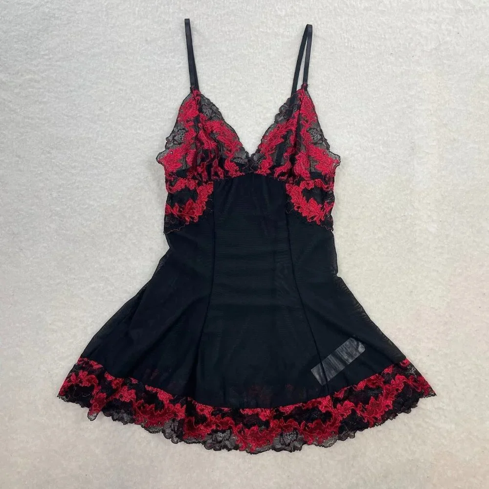 Sexy Y2K Red Black Lace Babydoll Mesh Lingerie Size Medium